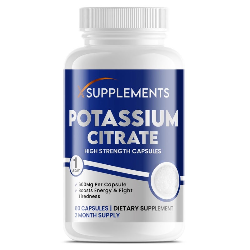 كبسولات سترات البوتاسيوم من X Supplements | 600 ملغ لكل حصة | 60 كبسولة نباتية | إمداد لمدة شهرين | مكملات بوتاسيوم عالية القوة لصحة الكلى | وظيفة العضلات والأعصاب